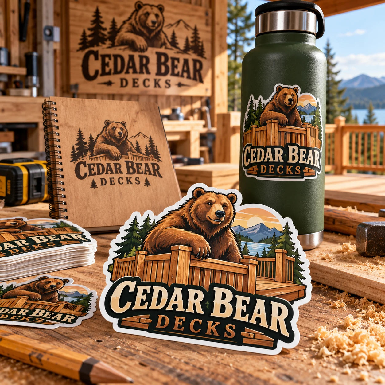 Cedar Bear Decks fictional example storefront with custom lettering and stickers