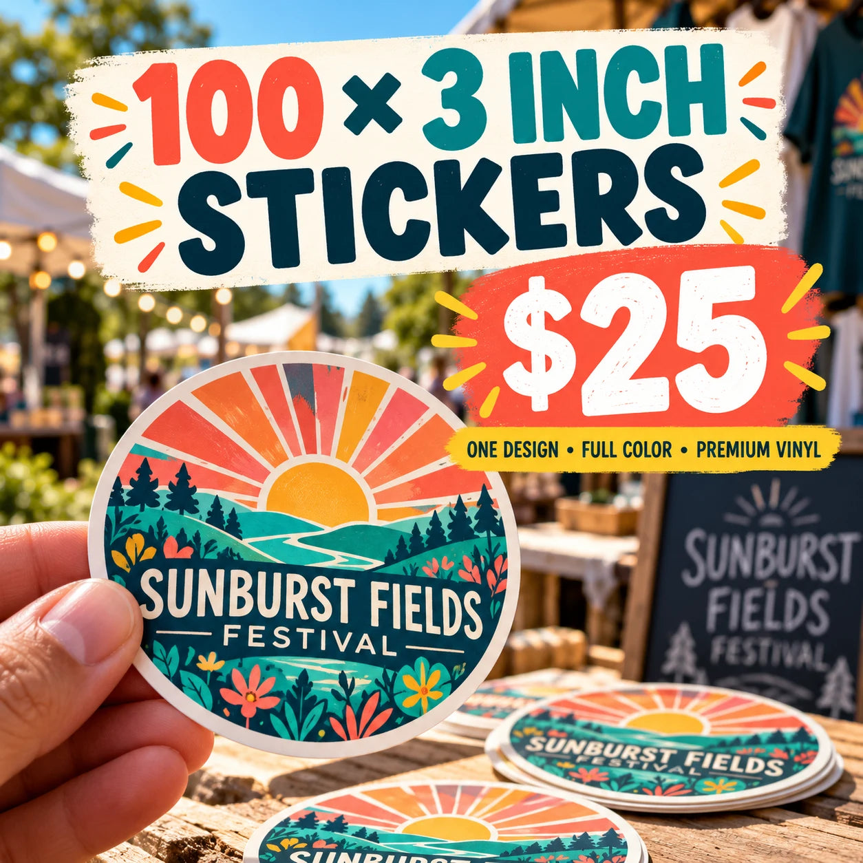 Sunburst Fields Festival fictional example: 100 custom 3 inch stickers for $25