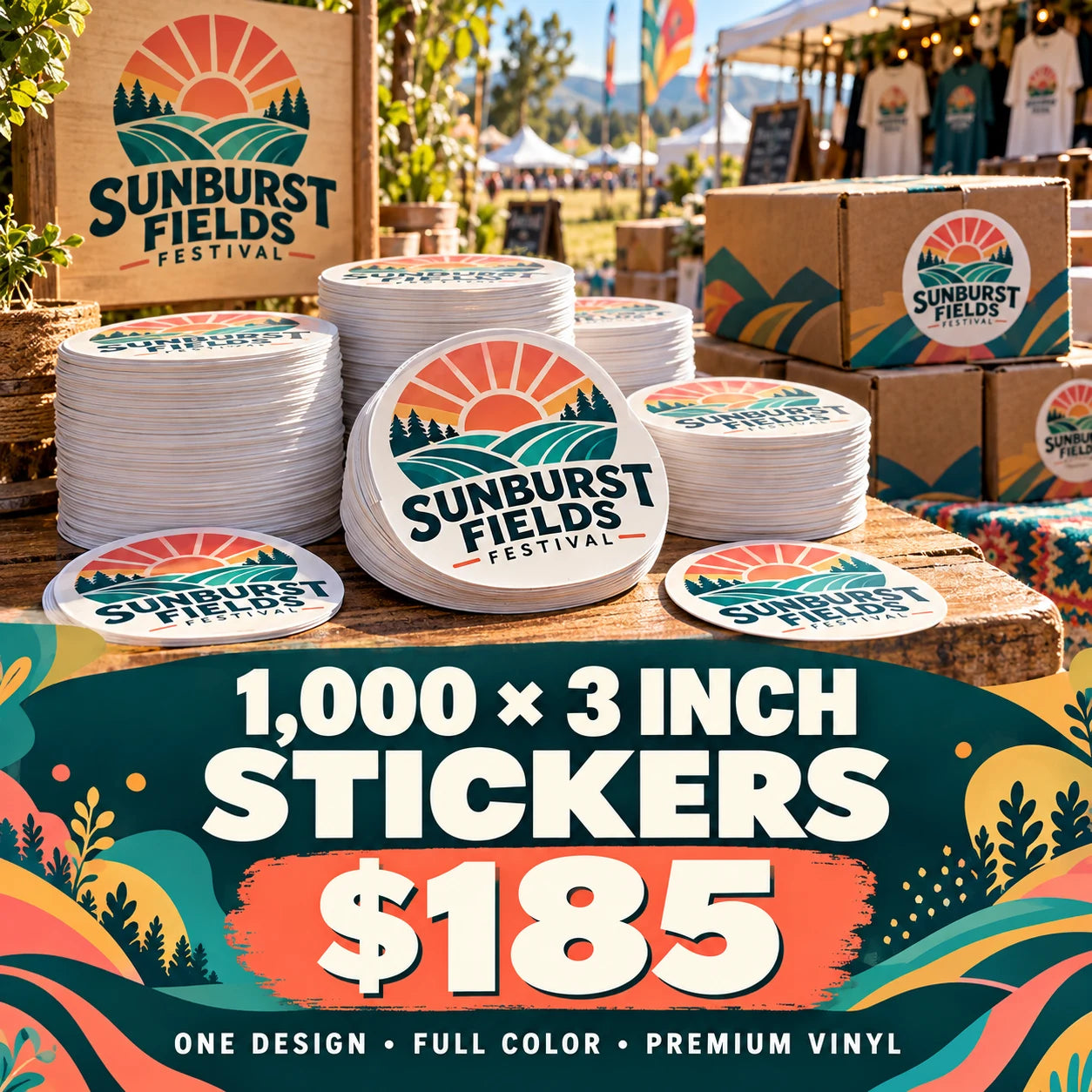 Sunburst Fields Festival fictional packaging and sticker ideas