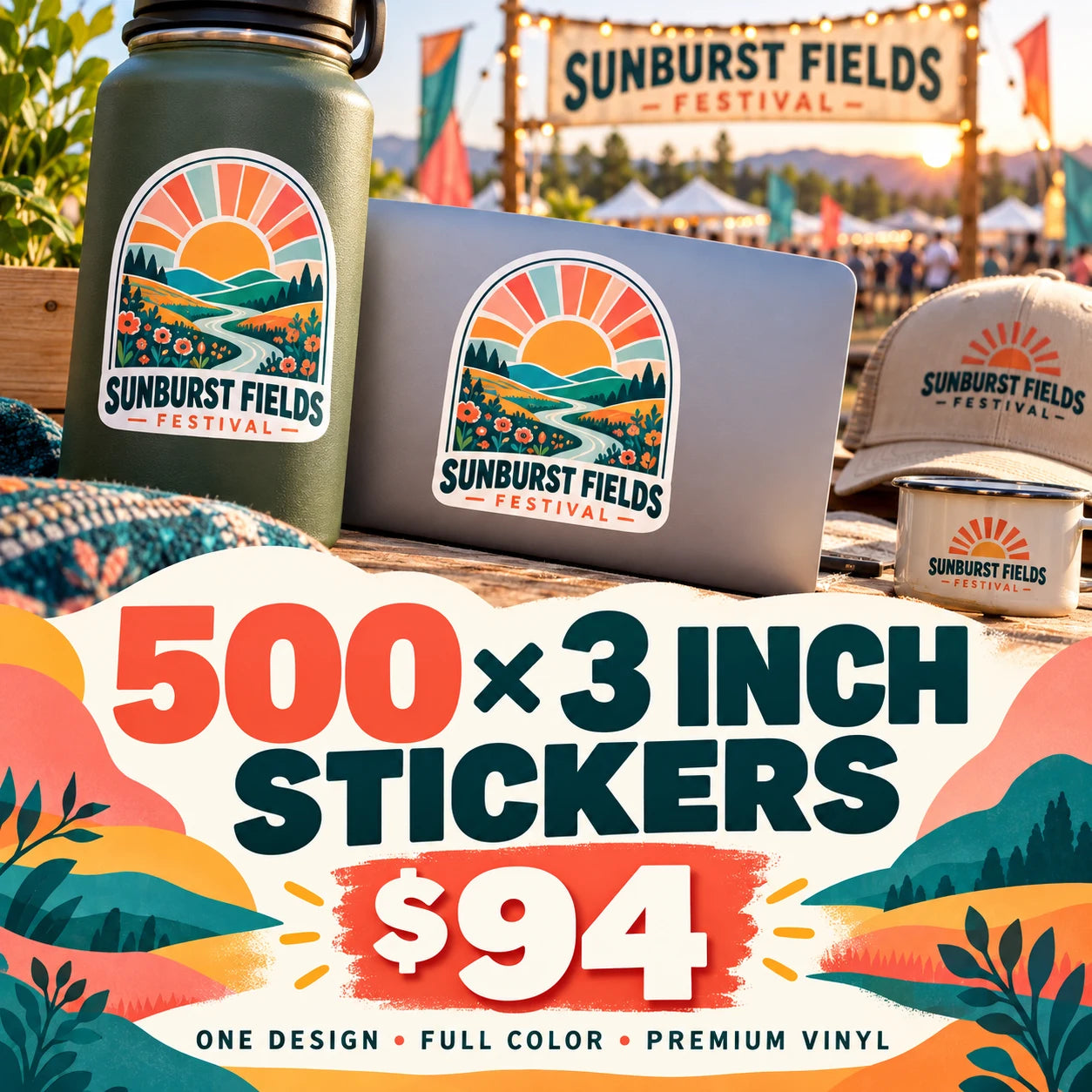 Sunburst Fields Festival fictional example: 500 custom 3 inch stickers for $94