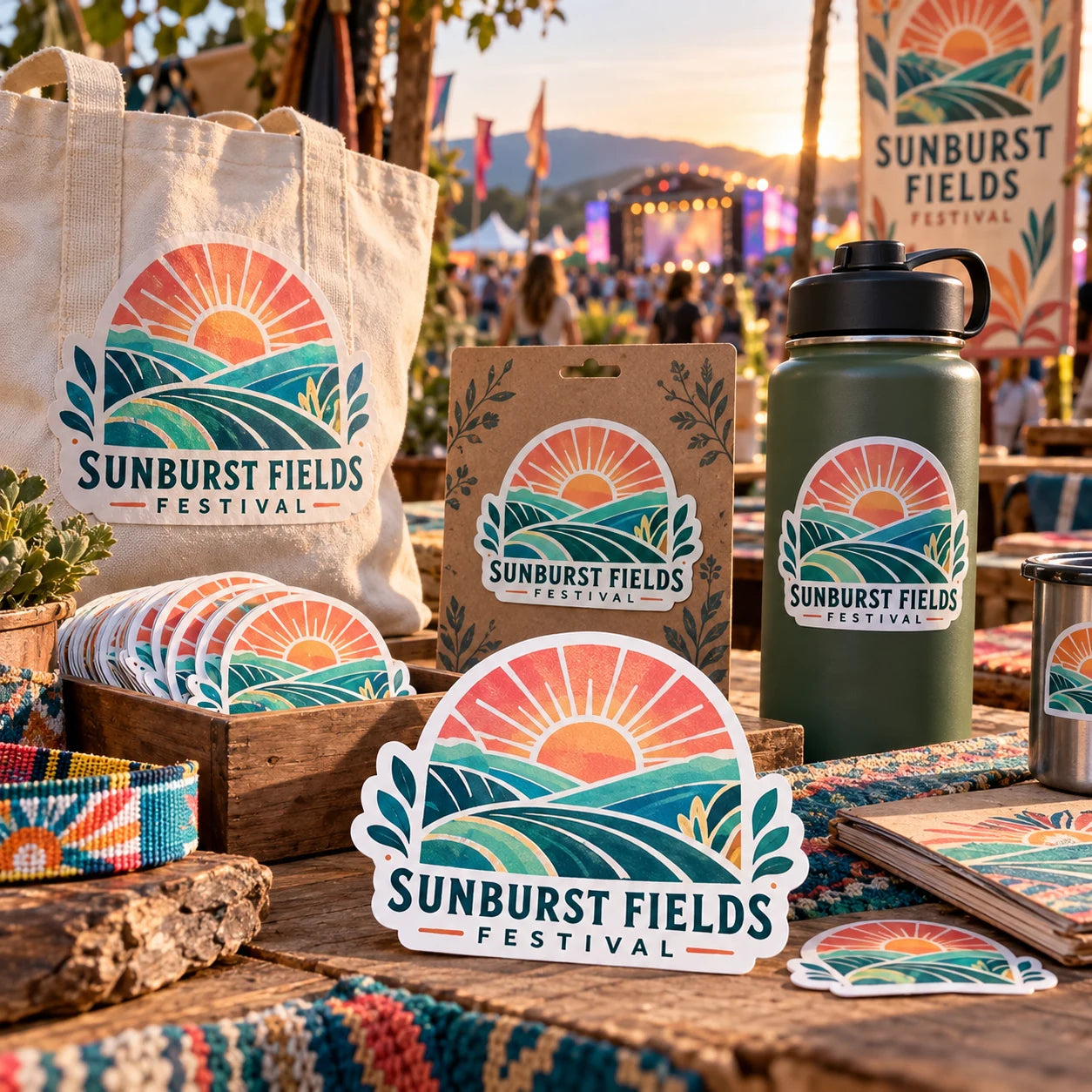Sunburst Fields Festival fictional example storefront with custom lettering and stickers