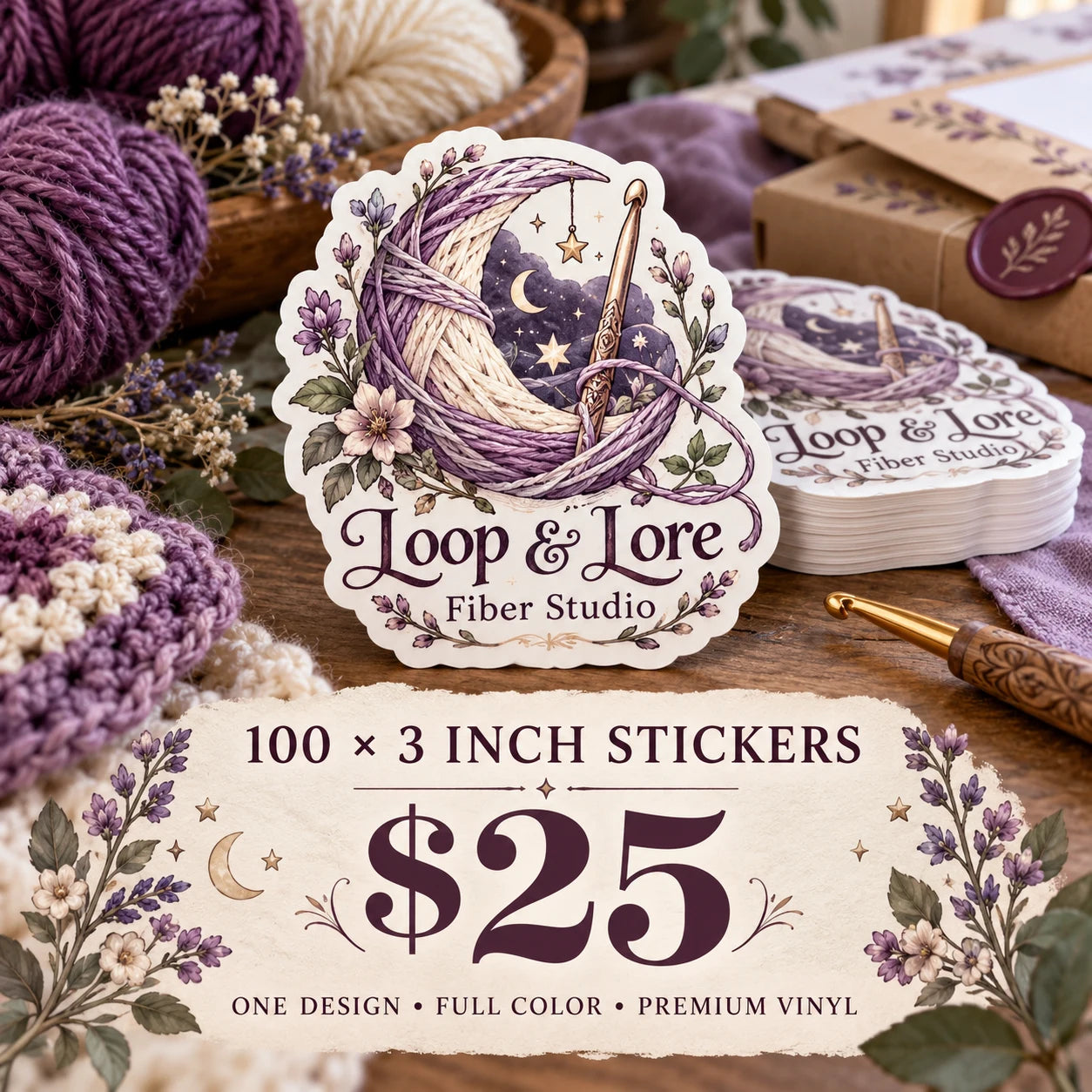 Loop & Lore Fiber Studio fictional example: 100 custom 3 inch stickers for $25