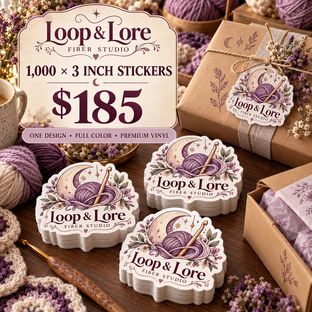 Loop & Lore Fiber Studio fictional packaging and sticker ideas