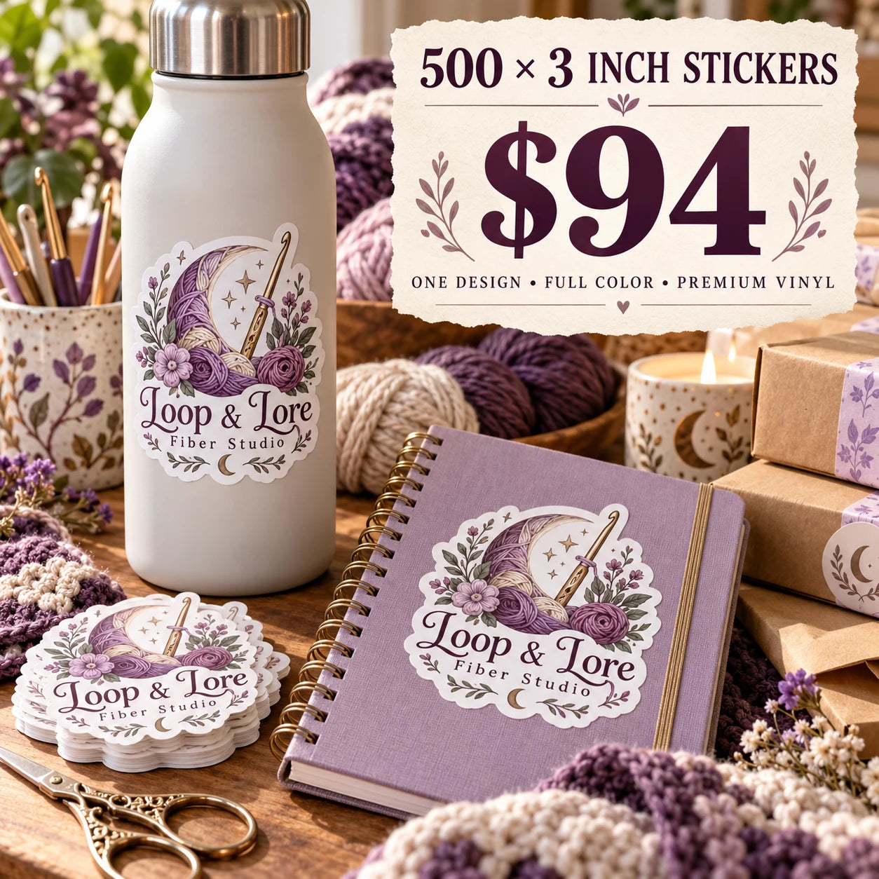 Loop & Lore Fiber Studio fictional example: 500 custom 3 inch stickers for $94