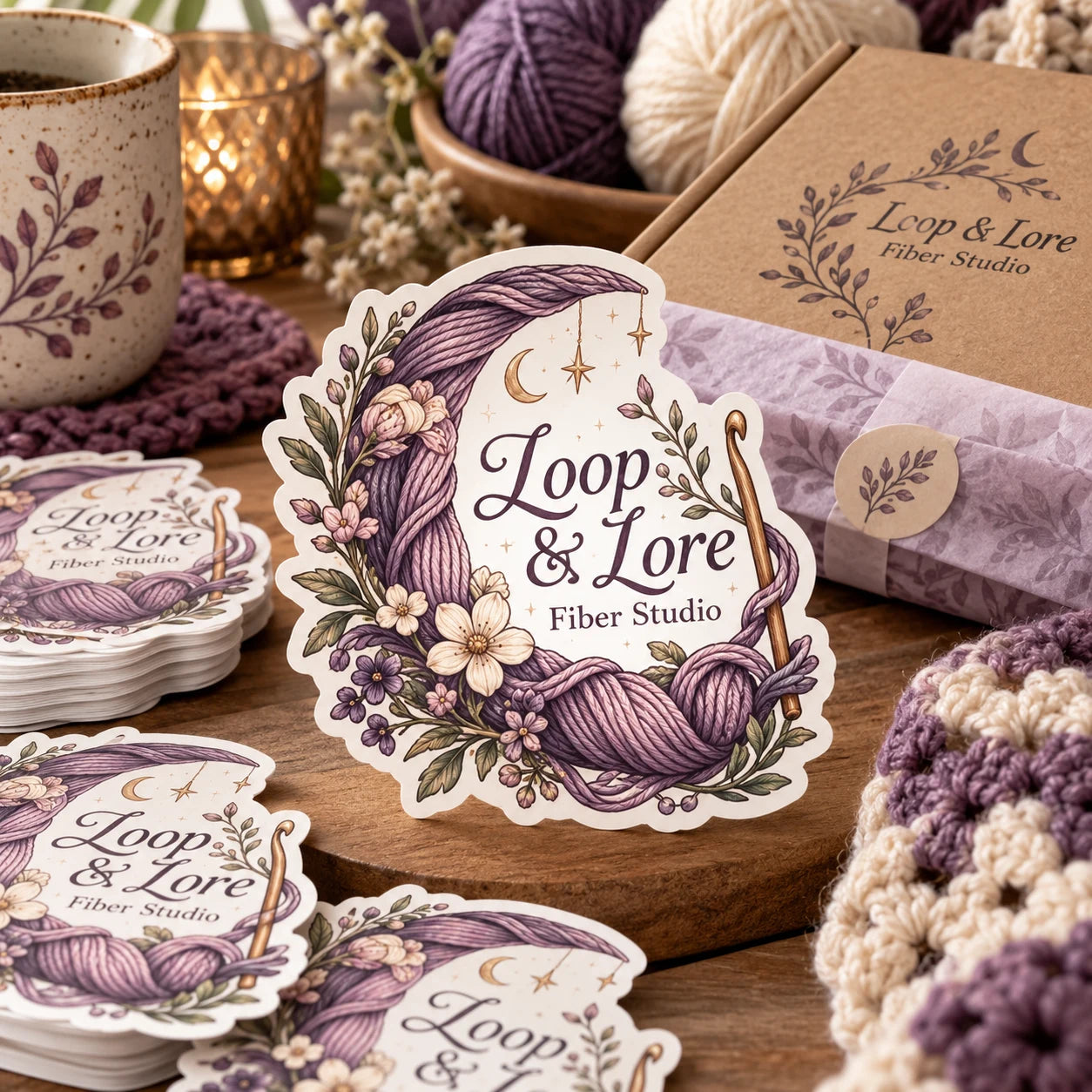 Loop & Lore Fiber Studio fictional example storefront with custom lettering and stickers