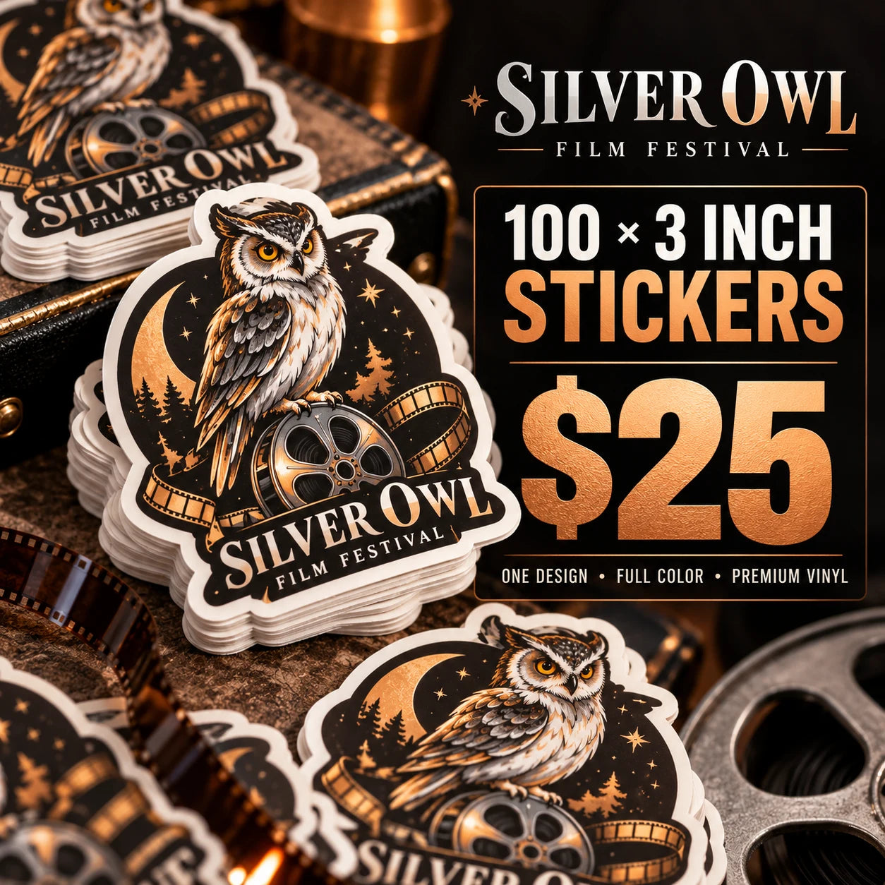 Silver Owl Film Festival fictional example: 100 custom 3 inch stickers for $25