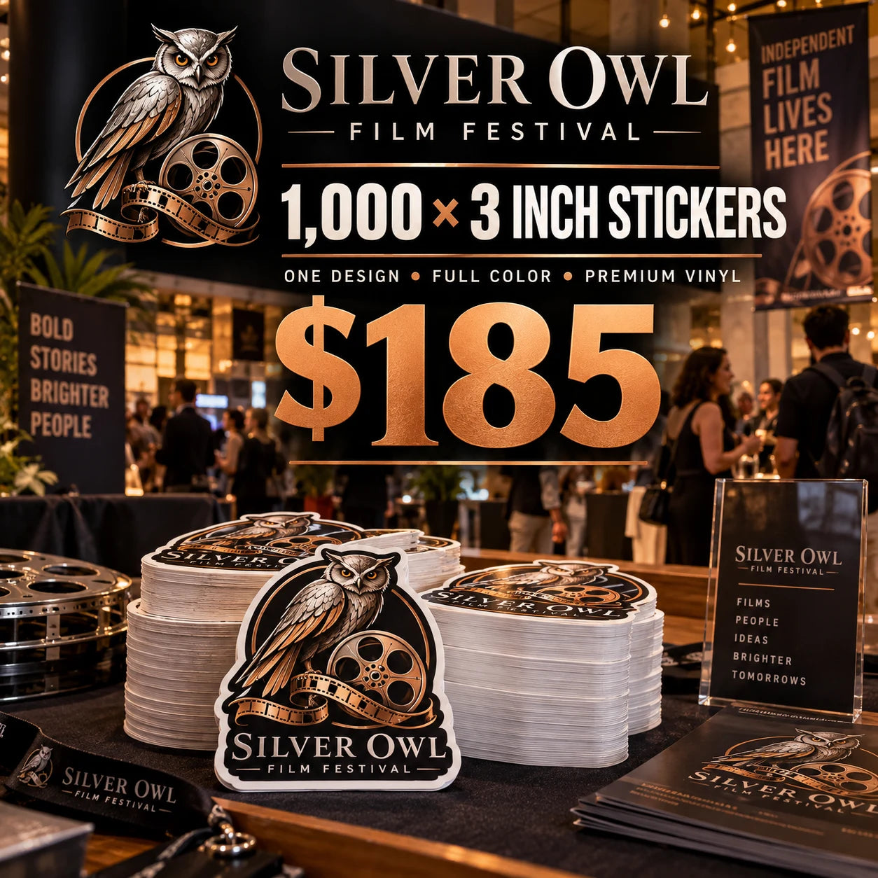 Silver Owl Film Festival fictional packaging and sticker ideas