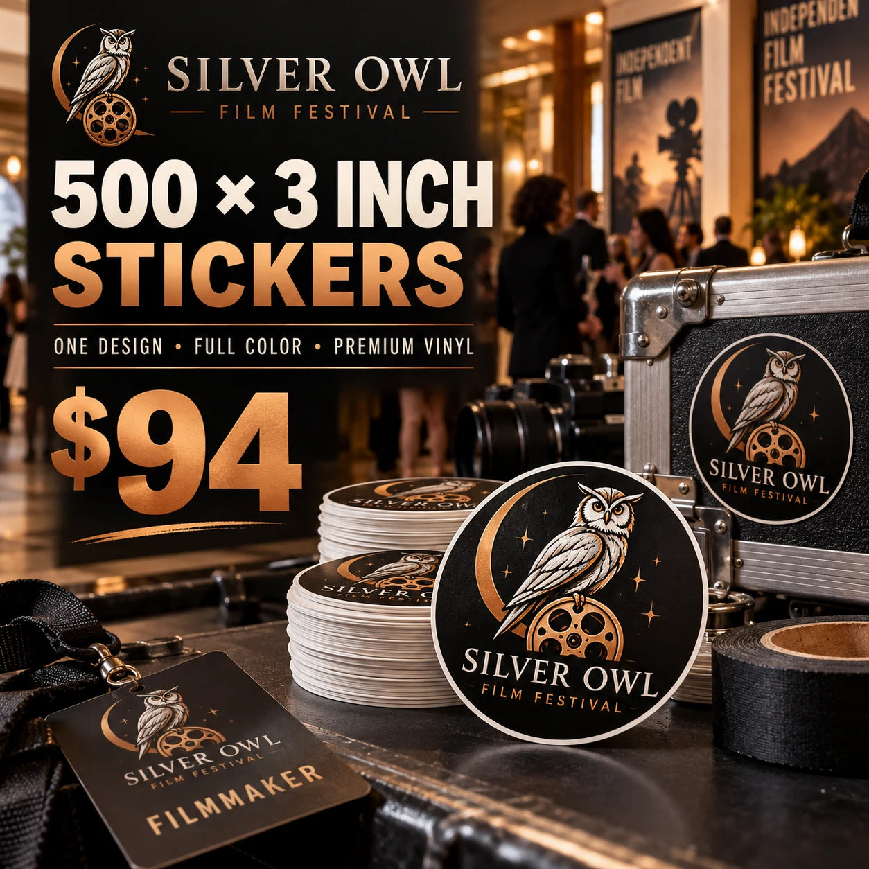 Silver Owl Film Festival fictional example: 500 custom 3 inch stickers for $94