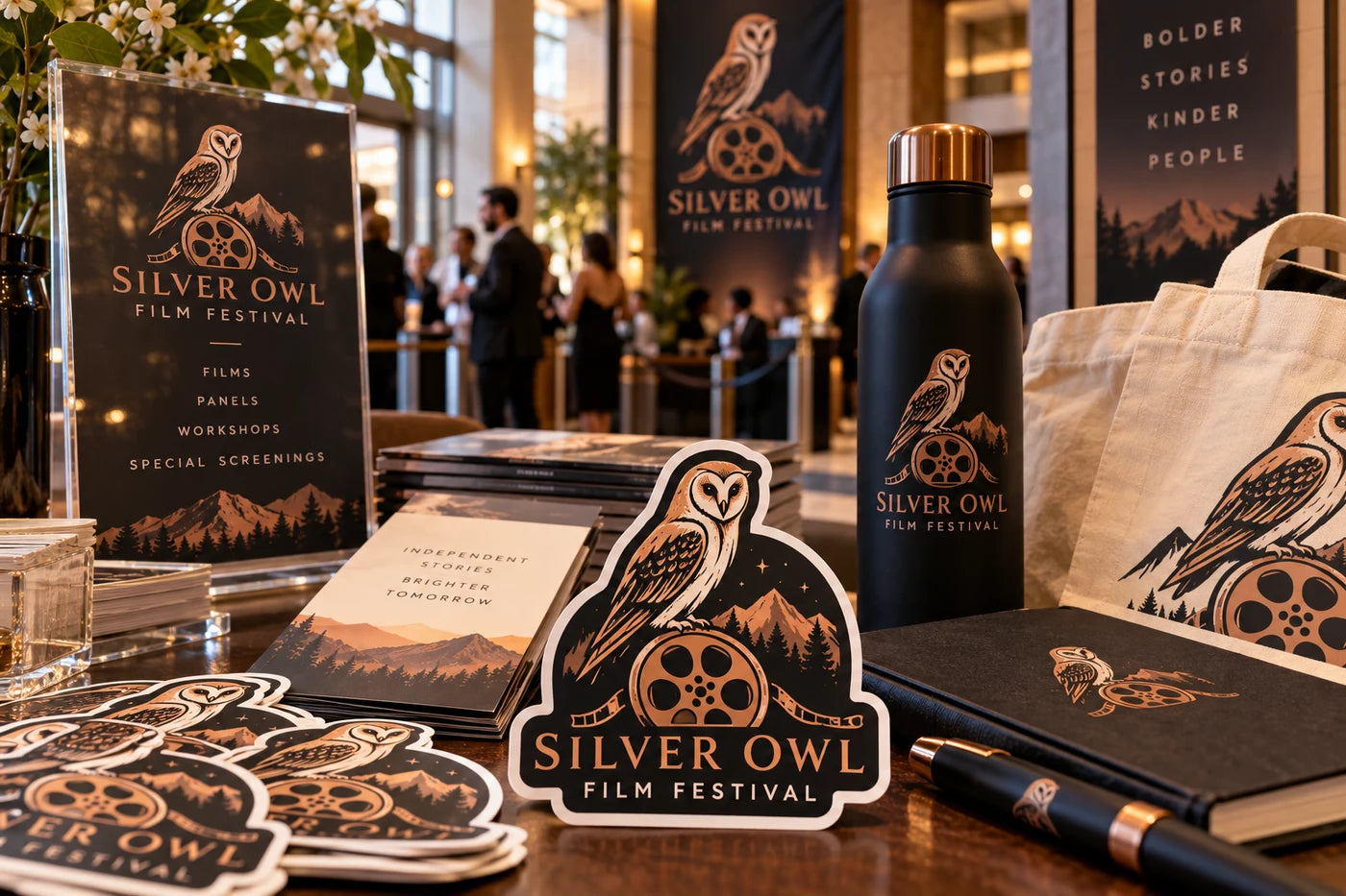 Silver Owl Film Festival fictional example storefront with custom lettering and stickers