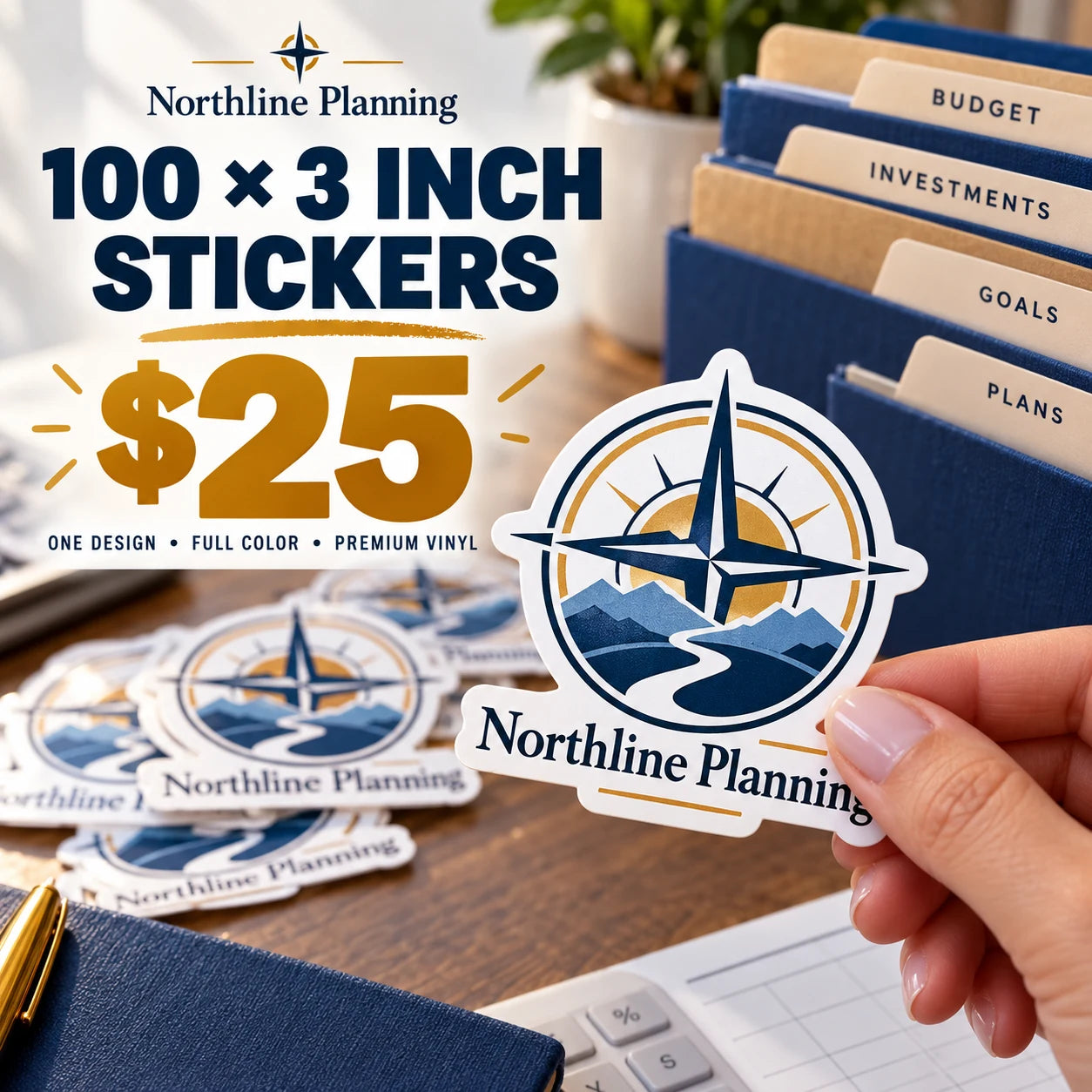 Northline Planning fictional example: 100 custom 3 inch stickers for $25