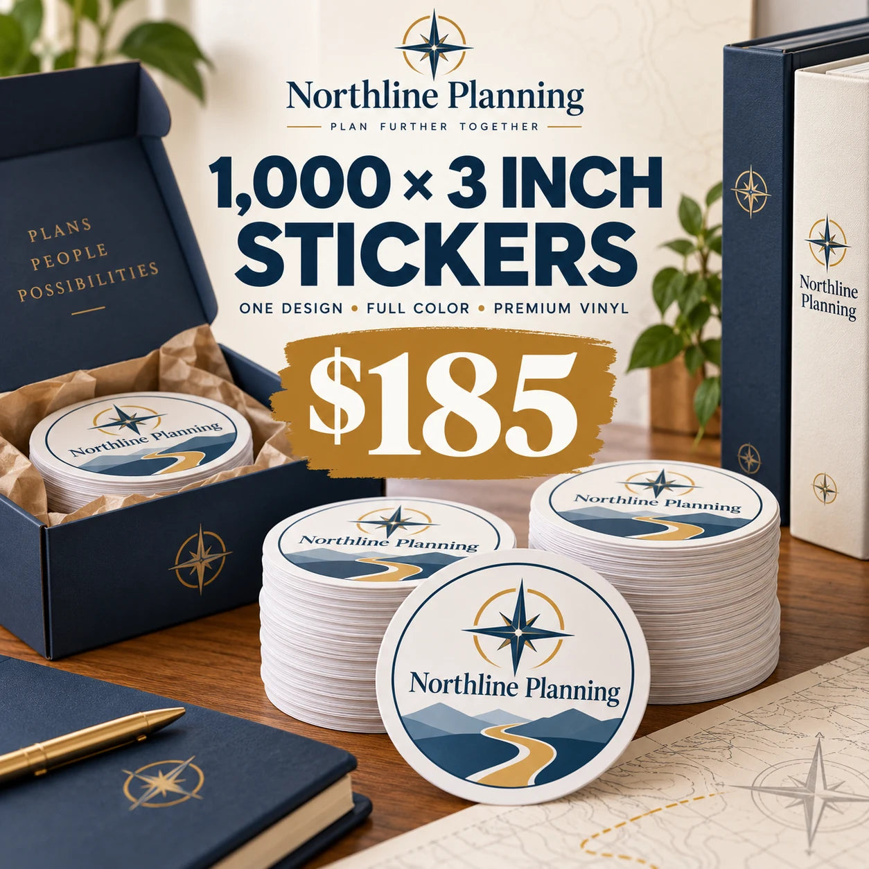 Northline Planning fictional example: 1000 custom 3 inch stickers for $185
