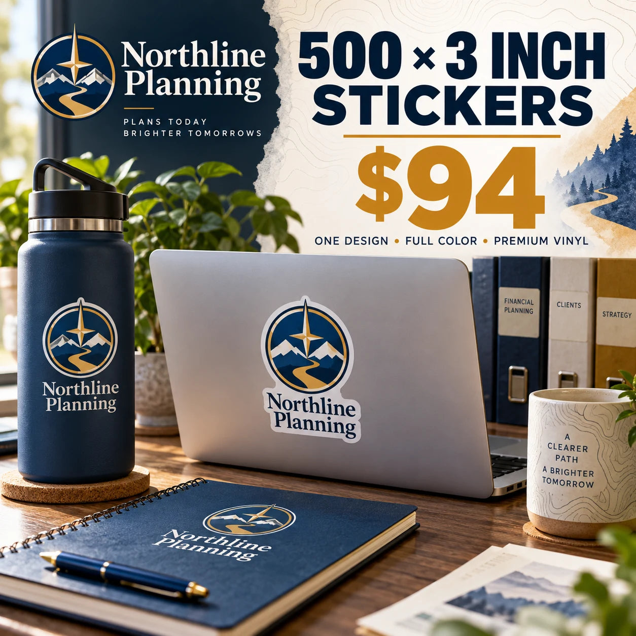 Northline Planning fictional example: 500 custom 3 inch stickers for $94