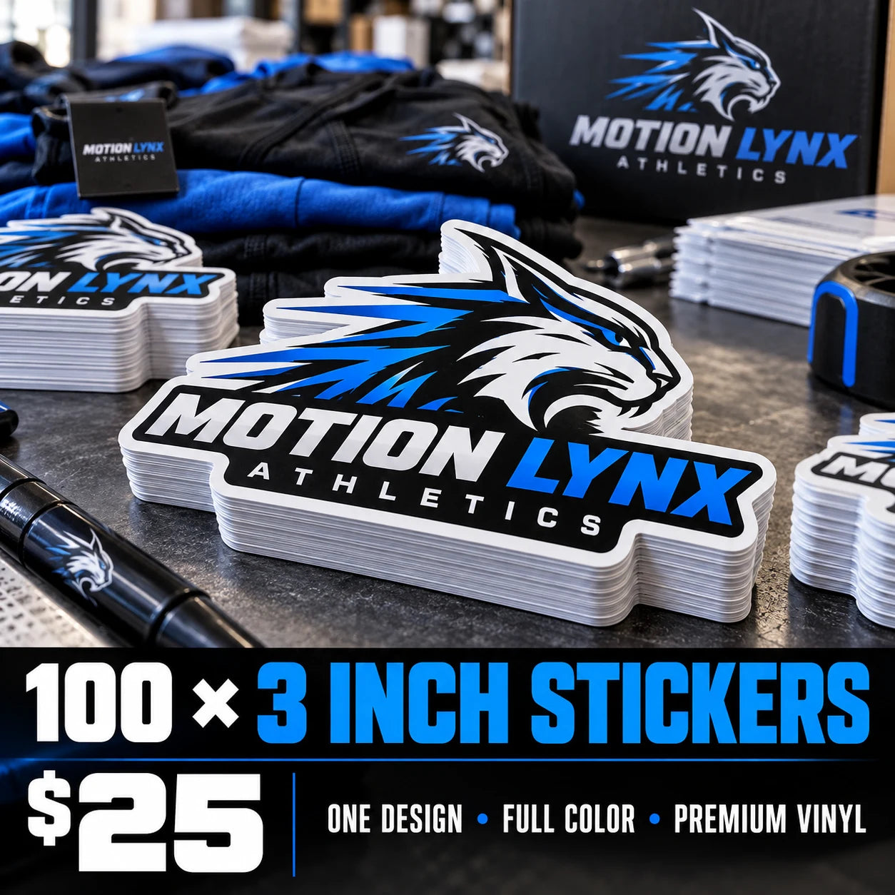 Motion Lynx Athletics fictional example: 100 custom 3 inch stickers for $25