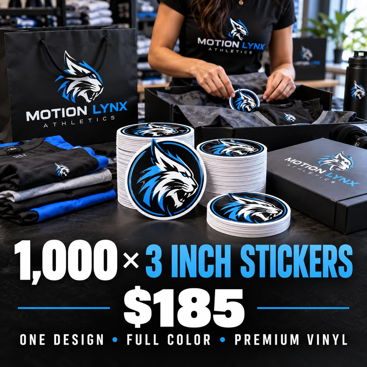 Motion Lynx Athletics fictional example: 1000 custom 3 inch stickers for $185