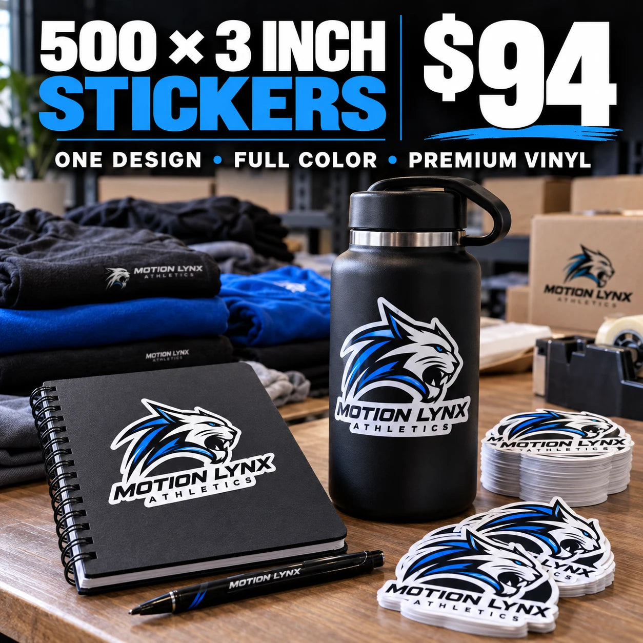 Motion Lynx Athletics fictional example: 500 custom 3 inch stickers for $94