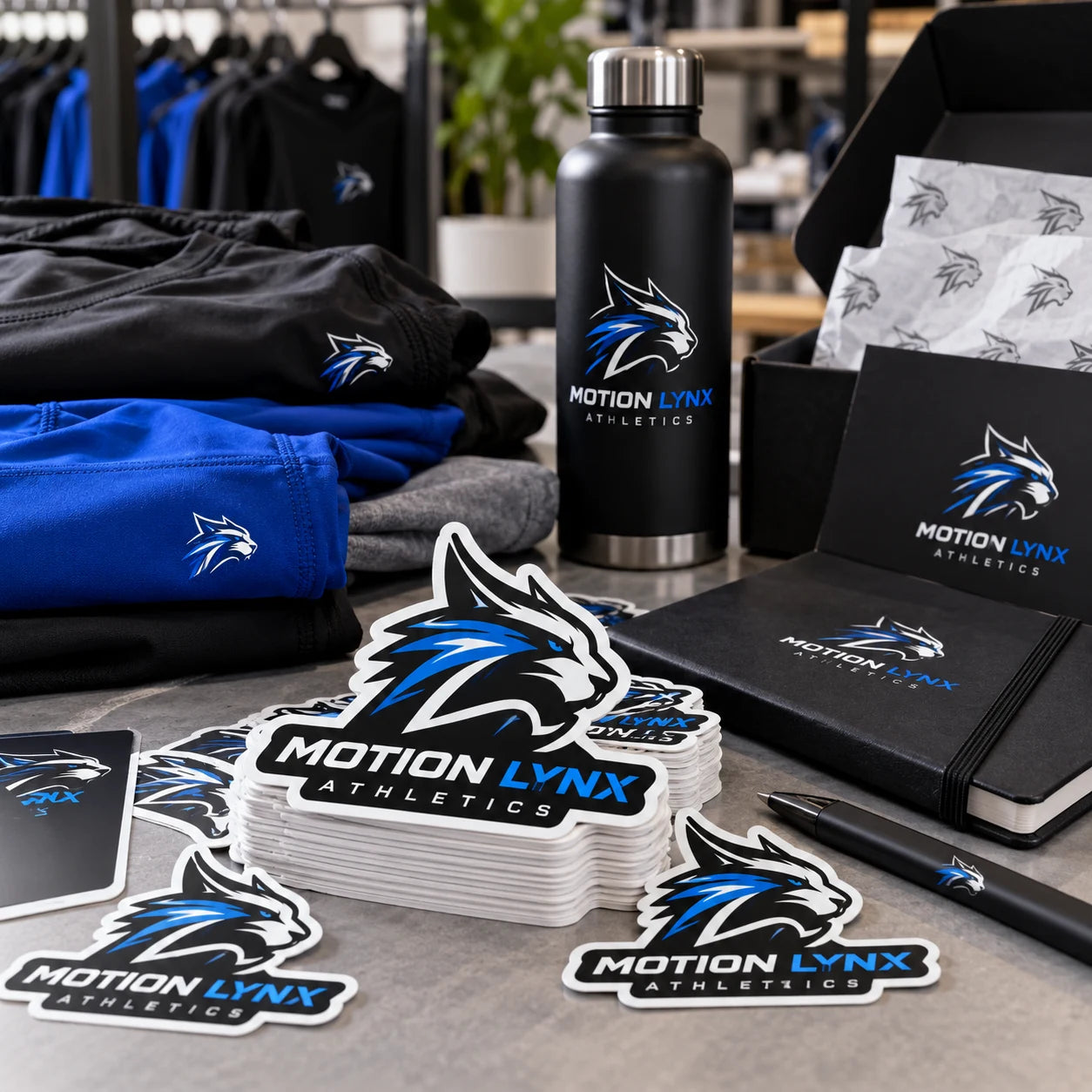 Motion Lynx Athletics fictional example storefront with custom lettering and stickers