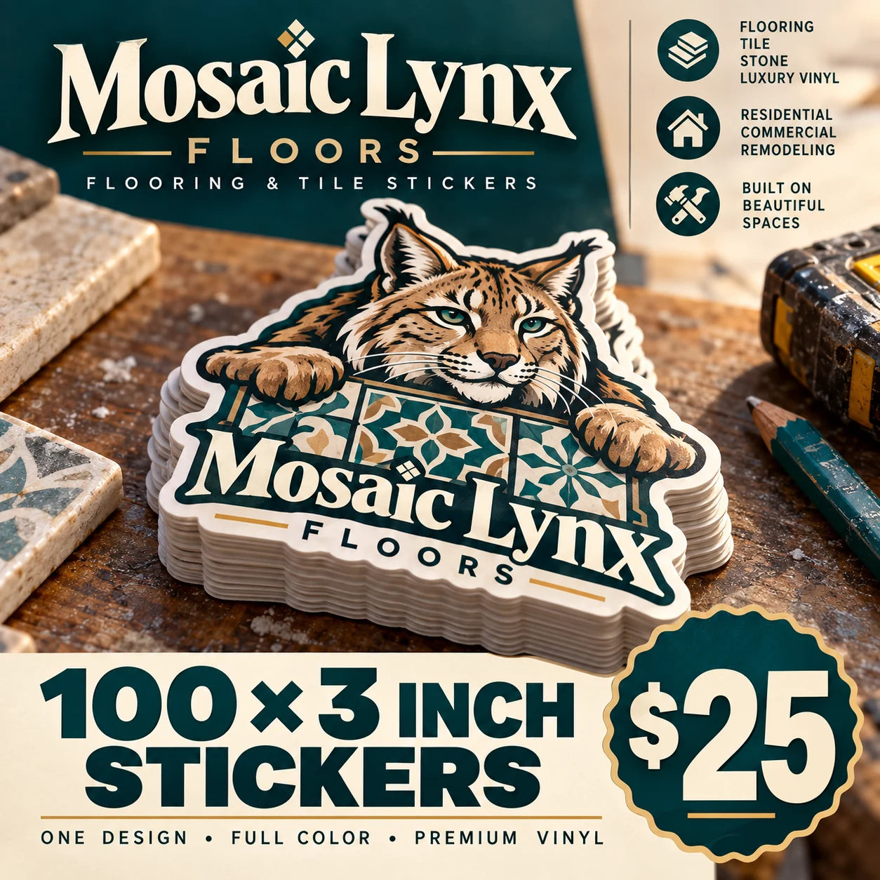 Mosaic Lynx Floors fictional example: 100 custom 3 inch stickers for $25
