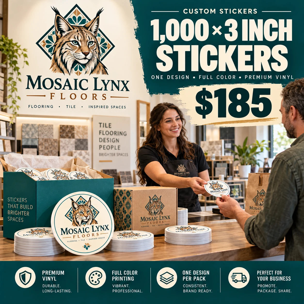 Mosaic Lynx Floors fictional example: 1000 custom 3 inch stickers for $185
