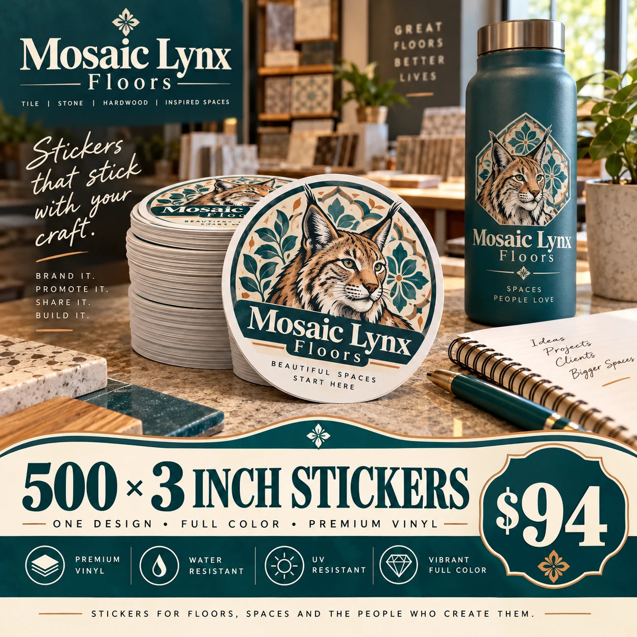 Mosaic Lynx Floors fictional example: 500 custom 3 inch stickers for $94