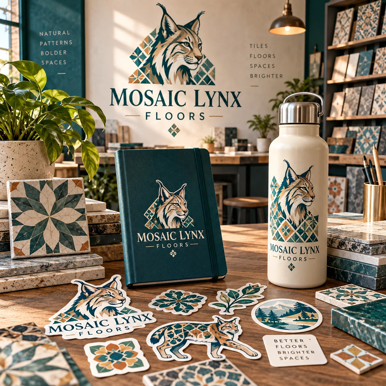 Mosaic Lynx Floors fictional example storefront with custom lettering and stickers