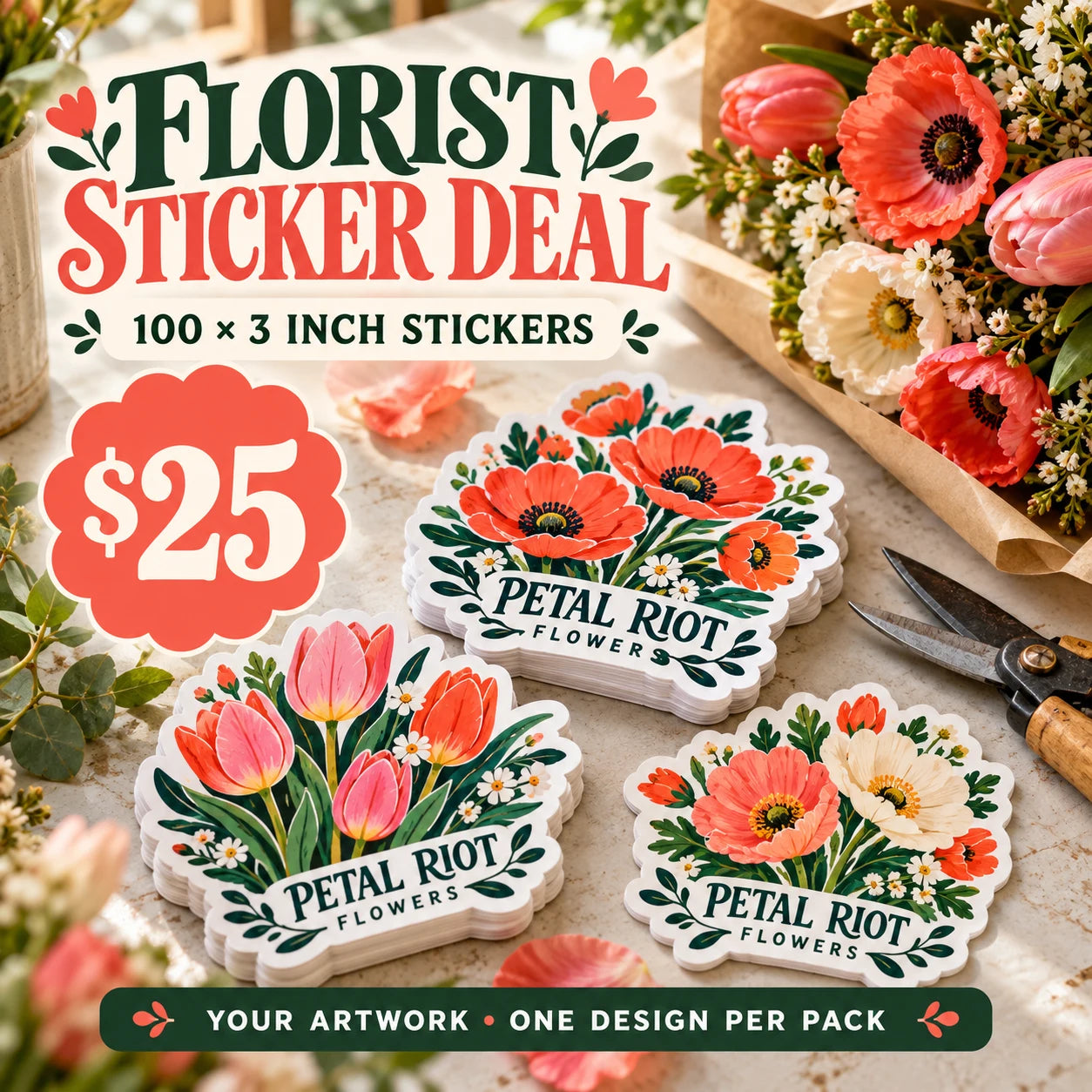 Petal Riot Flowers fictional example: 100 custom 3 inch stickers for $25