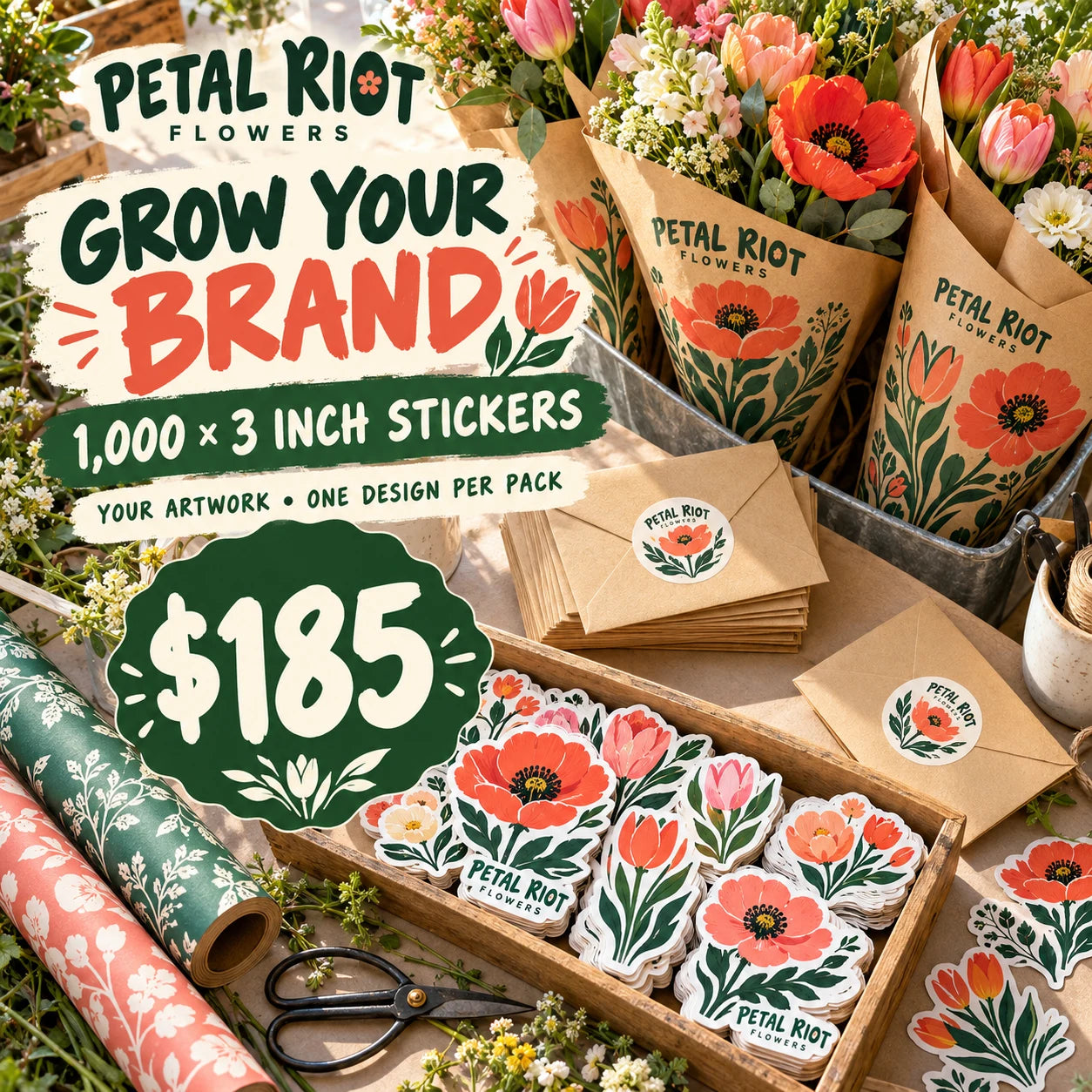 Petal Riot Flowers fictional packaging and sticker ideas