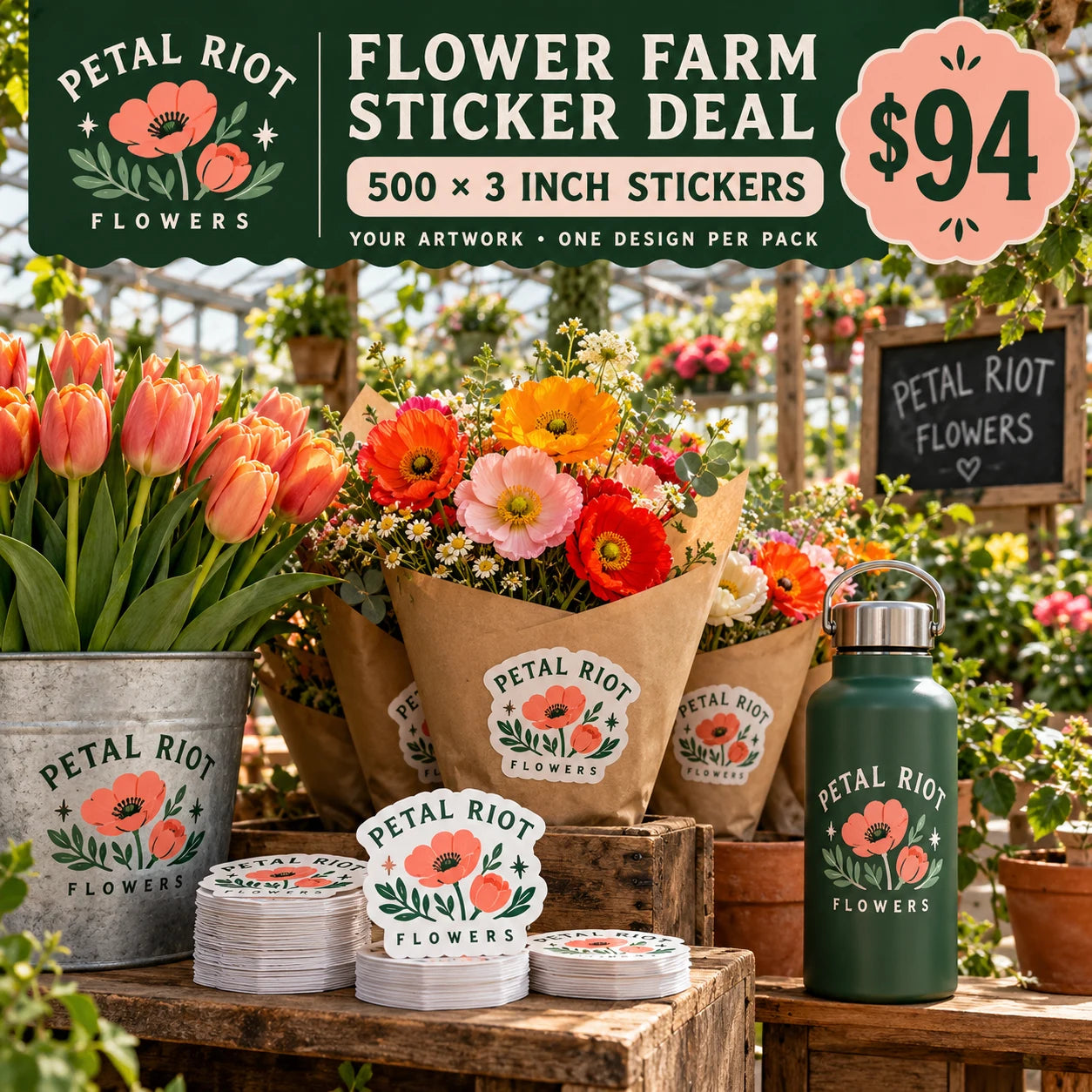Petal Riot Flowers fictional example: 500 custom 3 inch stickers for $94