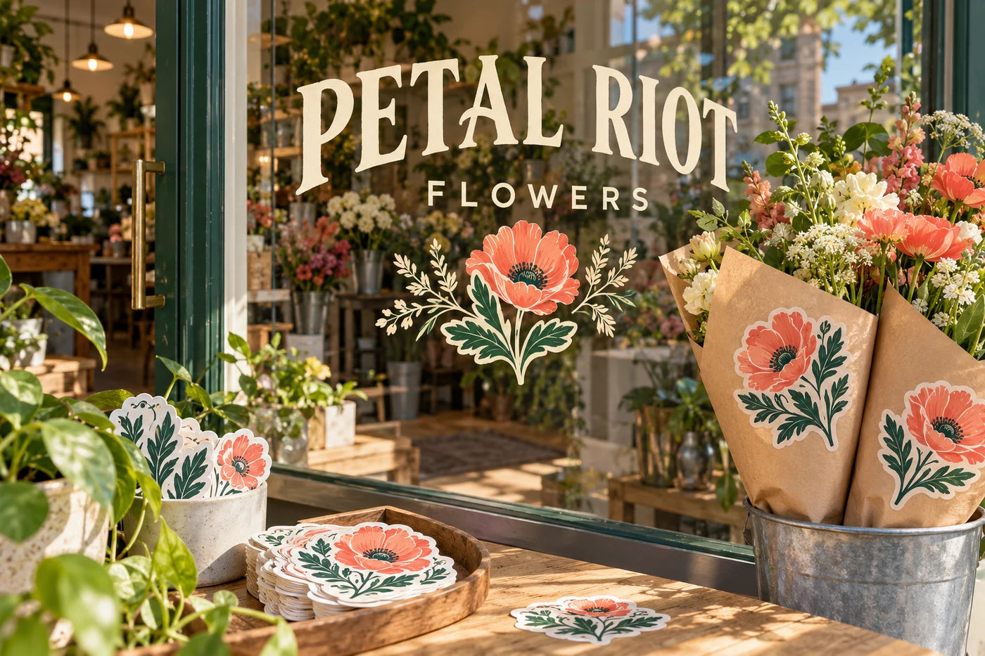 Petal Riot Flowers fictional example storefront with custom lettering and stickers