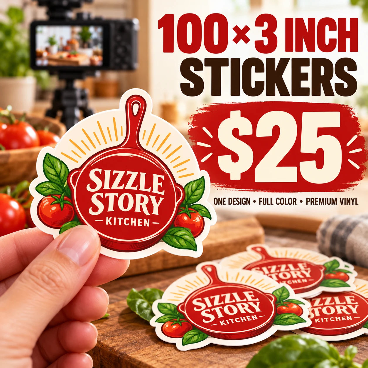 Sizzle Story Kitchen fictional example: 100 custom 3 inch stickers for $25