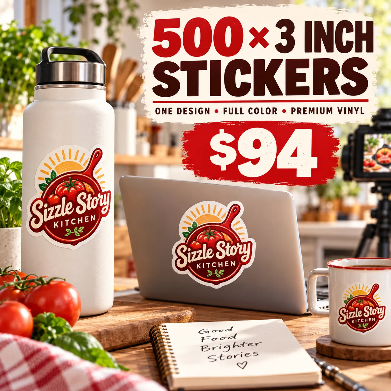 Sizzle Story Kitchen fictional example: 500 custom 3 inch stickers for $94
