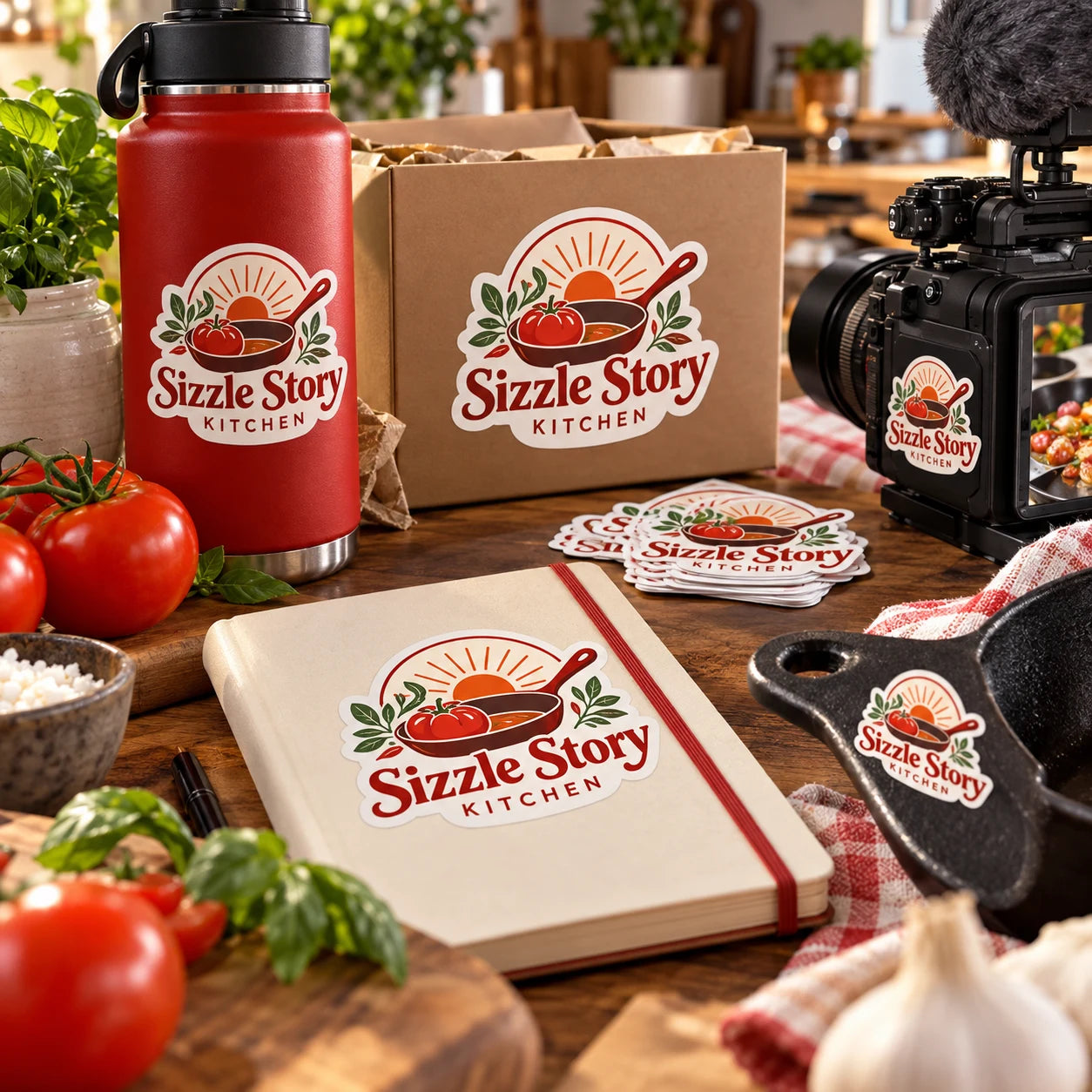 Sizzle Story Kitchen fictional example storefront with custom lettering and stickers