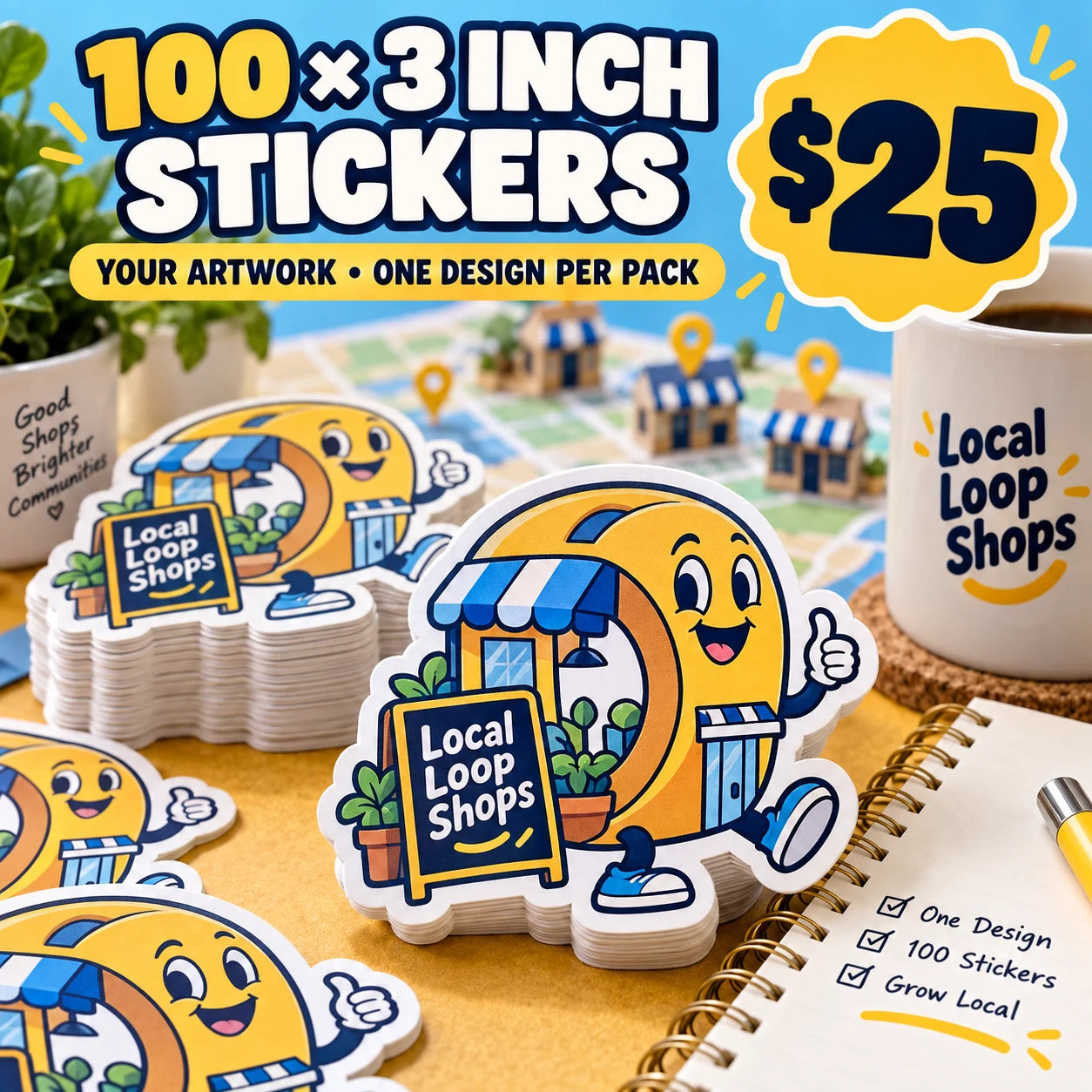 Local Loop Shops fictional example: 100 custom 3 inch stickers for $25