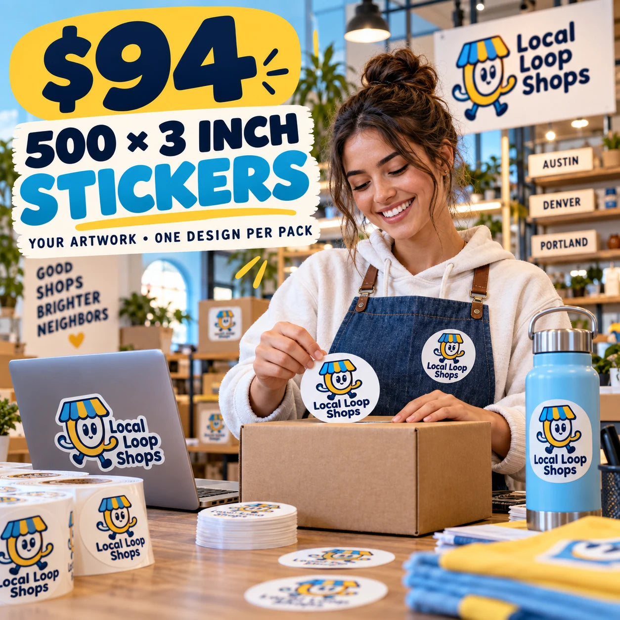 Local Loop Shops fictional example: 500 custom 3 inch stickers for $94