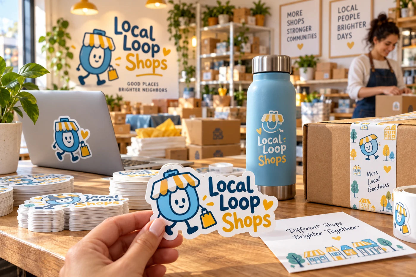 Local Loop Shops fictional example storefront with custom lettering and stickers