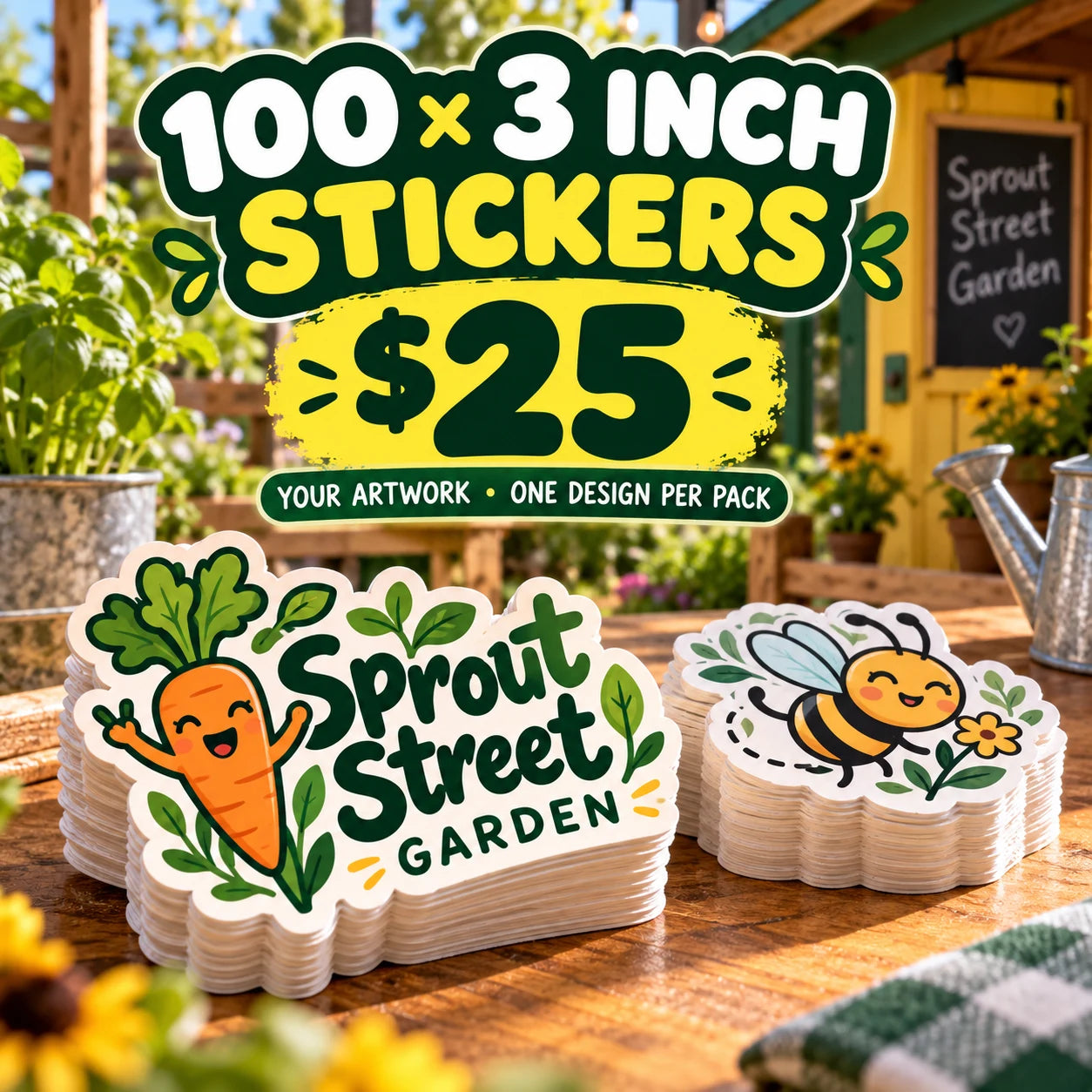 Sprout Street Garden fictional example: 100 custom 3 inch stickers for $25