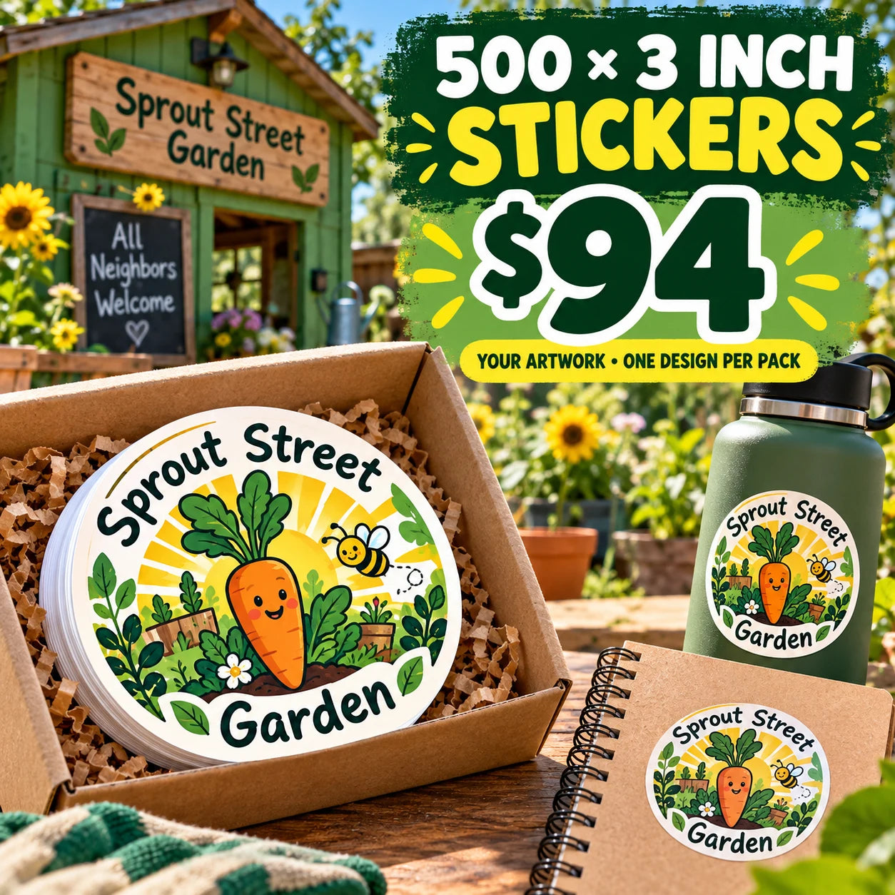 Sprout Street Garden fictional example: 500 custom 3 inch stickers for $94