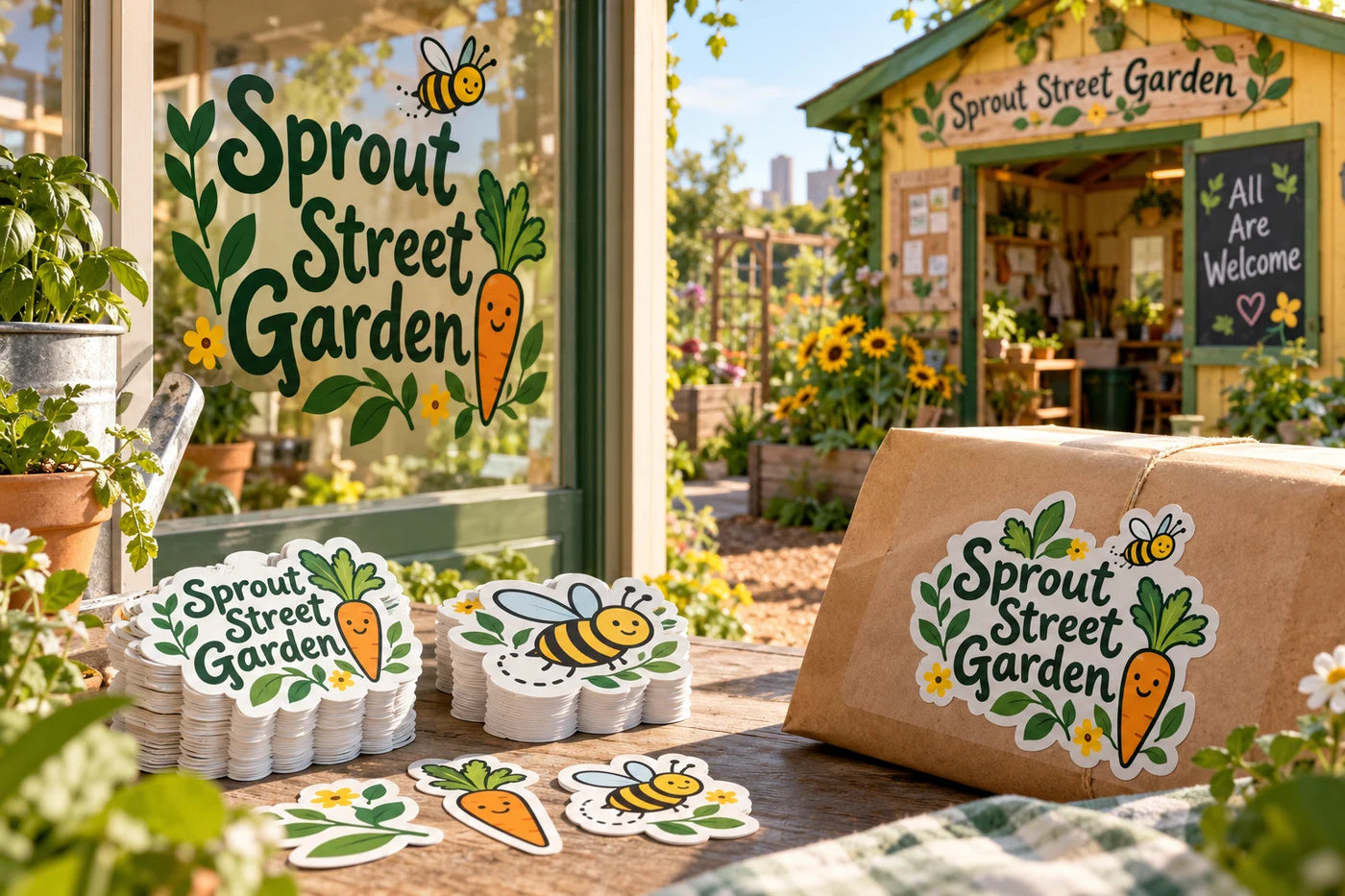 Sprout Street Garden fictional example storefront with custom lettering and stickers