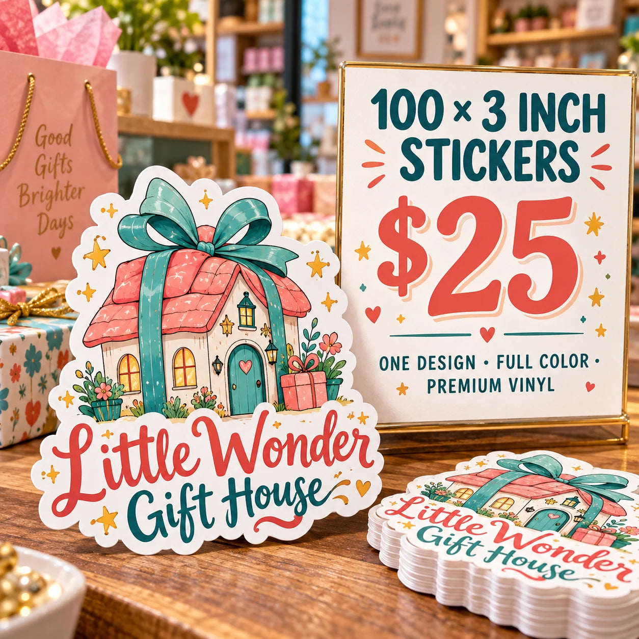 Little Wonder Gift House fictional example: 100 custom 3 inch stickers for $25
