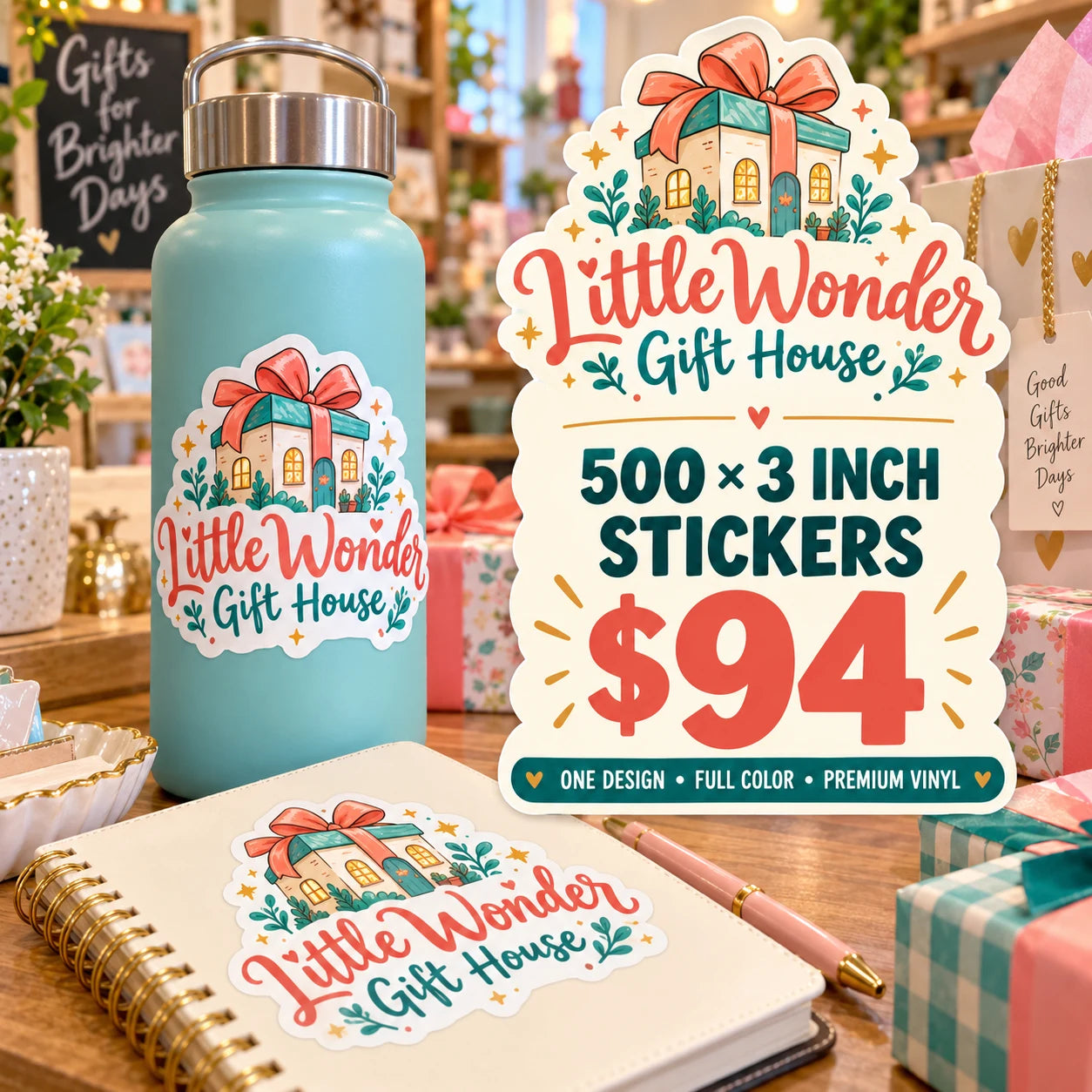 Little Wonder Gift House fictional example: 500 custom 3 inch stickers for $94