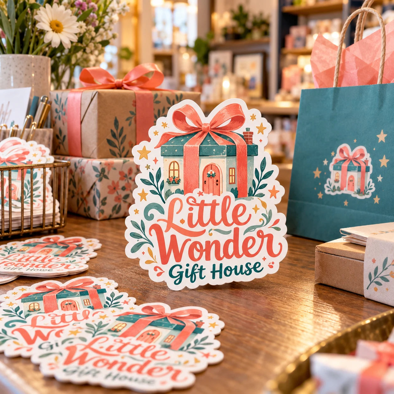 Little Wonder Gift House fictional example storefront with custom lettering and stickers