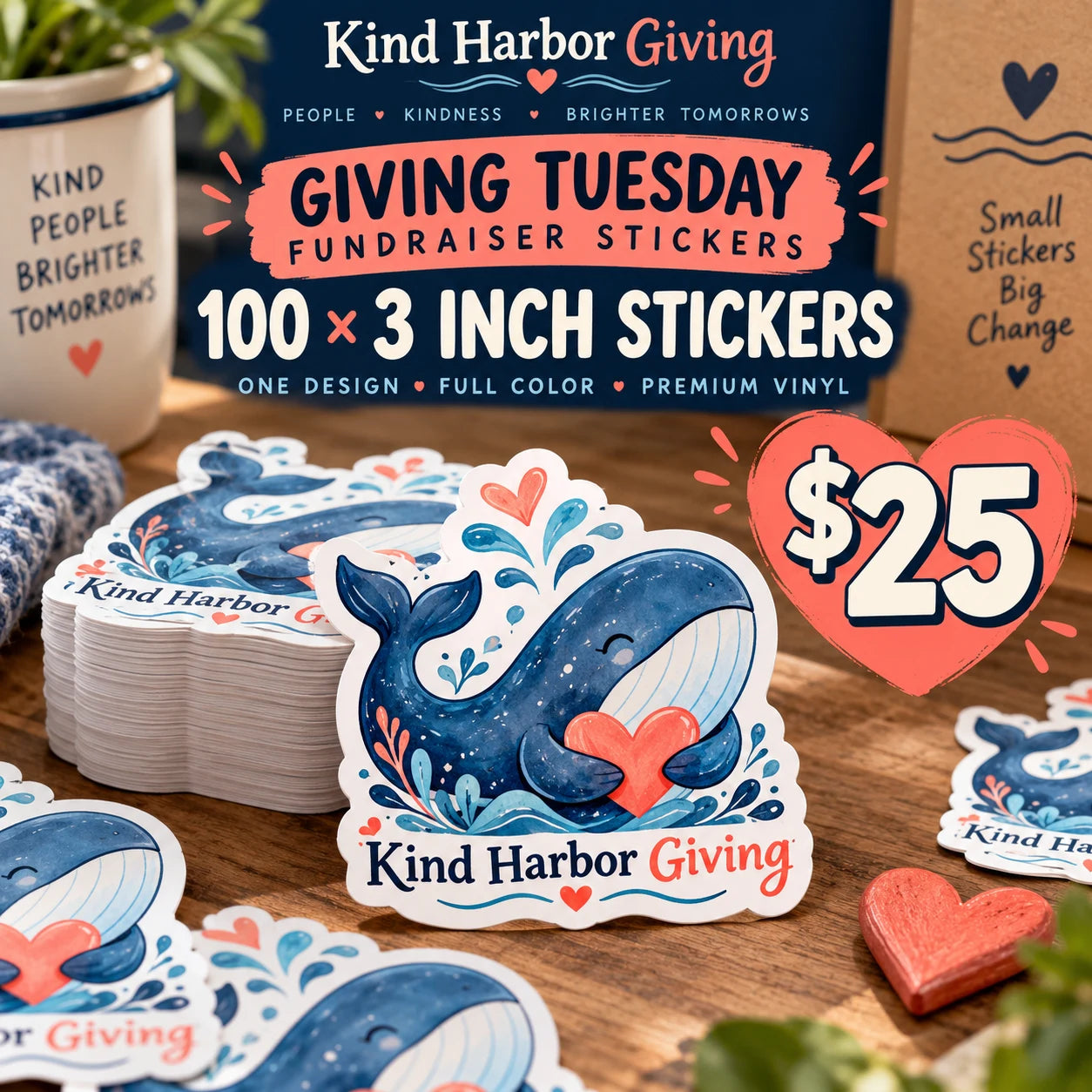 Kind Harbor Giving fictional example: 100 custom 3 inch stickers for $25