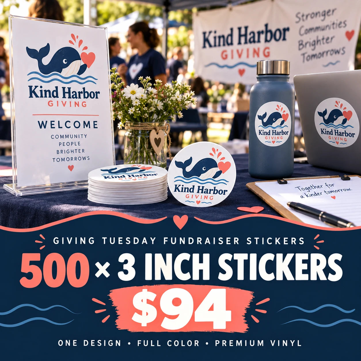 Kind Harbor Giving fictional example: 500 custom 3 inch stickers for $94