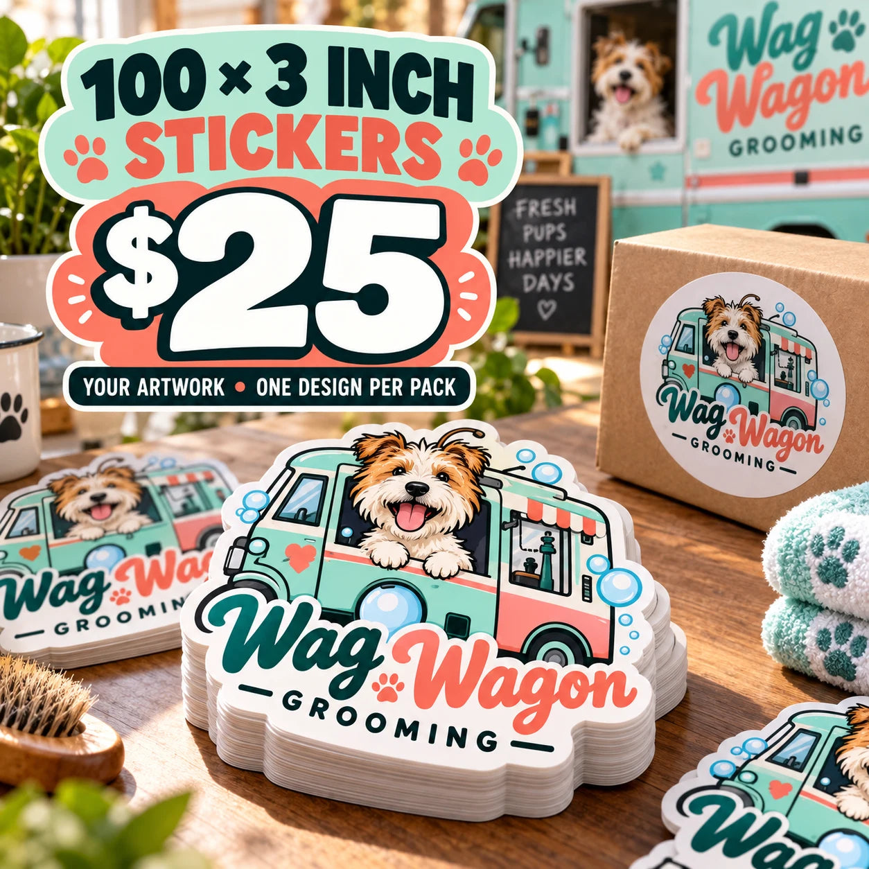 Wag Wagon Grooming fictional example: 100 custom 3 inch stickers for $25