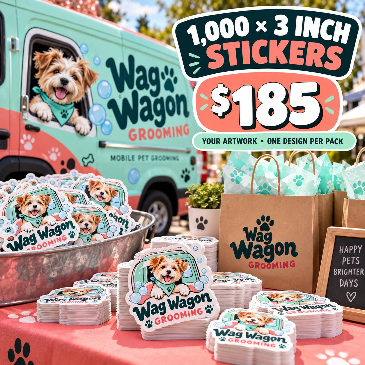 Wag Wagon Grooming fictional packaging and sticker ideas