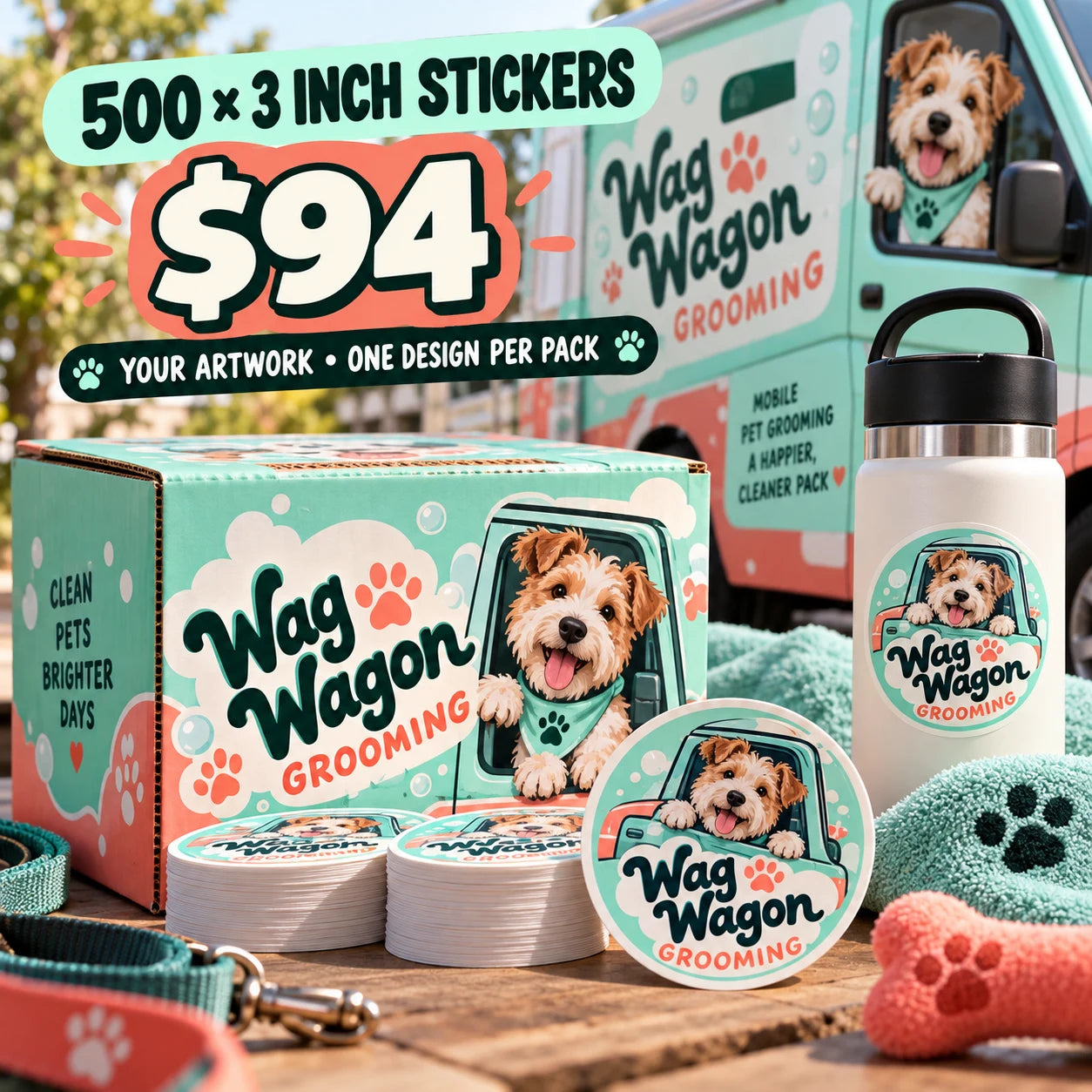 Wag Wagon Grooming fictional example: 500 custom 3 inch stickers for $94