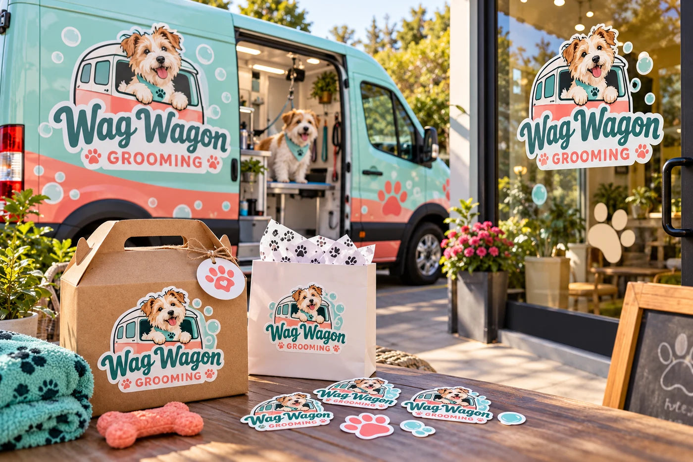 Wag Wagon Grooming fictional example storefront with custom lettering and stickers