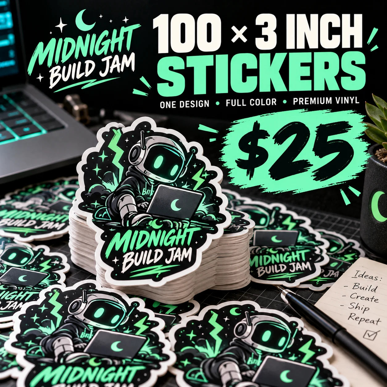 Midnight Build Jam fictional example: 100 custom 3 inch stickers for $25