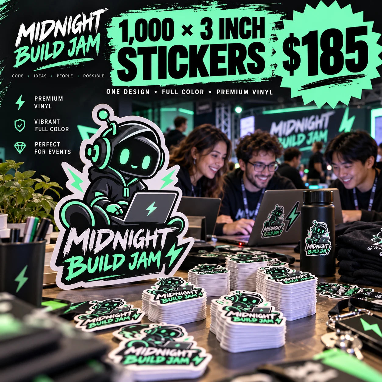 Midnight Build Jam fictional packaging and sticker ideas
