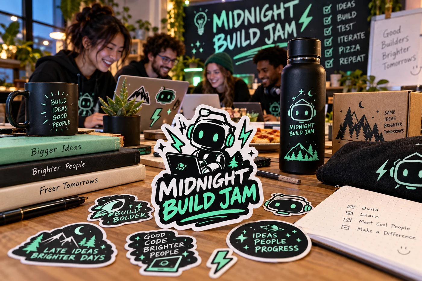 Midnight Build Jam fictional example storefront with custom lettering and stickers