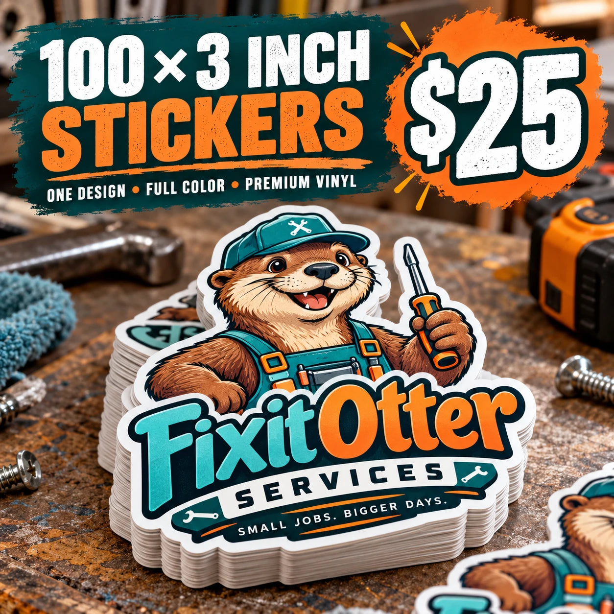 Fixit Otter Services fictional example: 100 custom 3 inch stickers for $25
